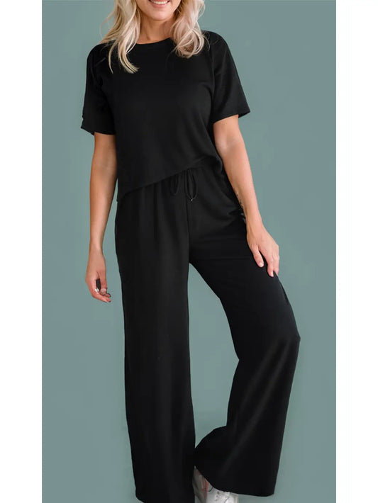 Solid Color T Shirt and Wide Leg Pants