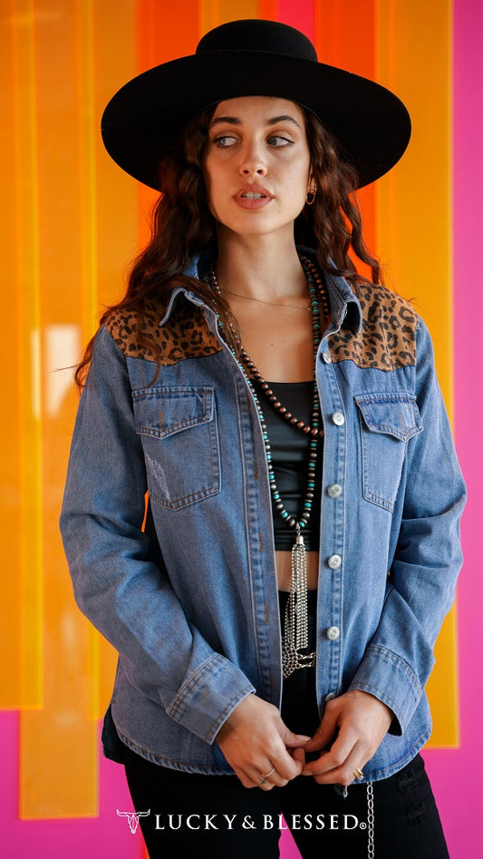 Mid Wash Denim Button Down Shacket W Leopard Yoke