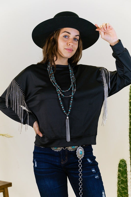 Black Long Sleeve Pullover W Rhinestone Fringe Top