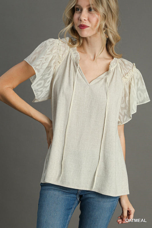 Linen Animal Jacquard Raglan Sleeve Top with Front Tie