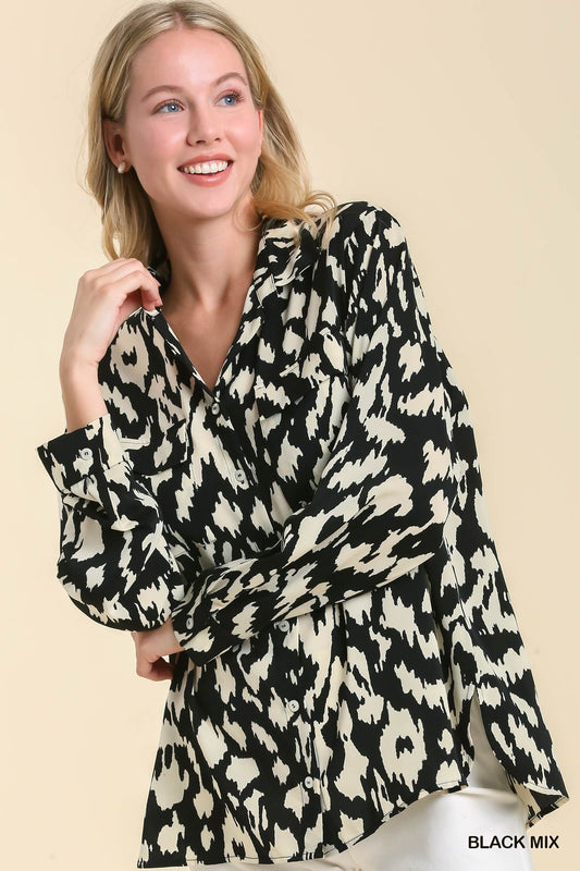 Satin Animal Print Button Down Shirt with Tab & Pocket
