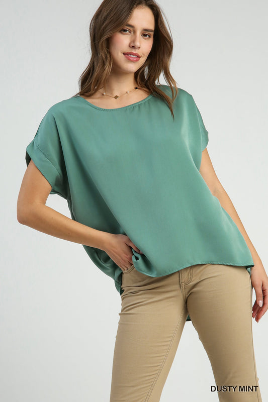 Short Sleeve Round Neck Satin Top with High Low Frayed Scoop Hem