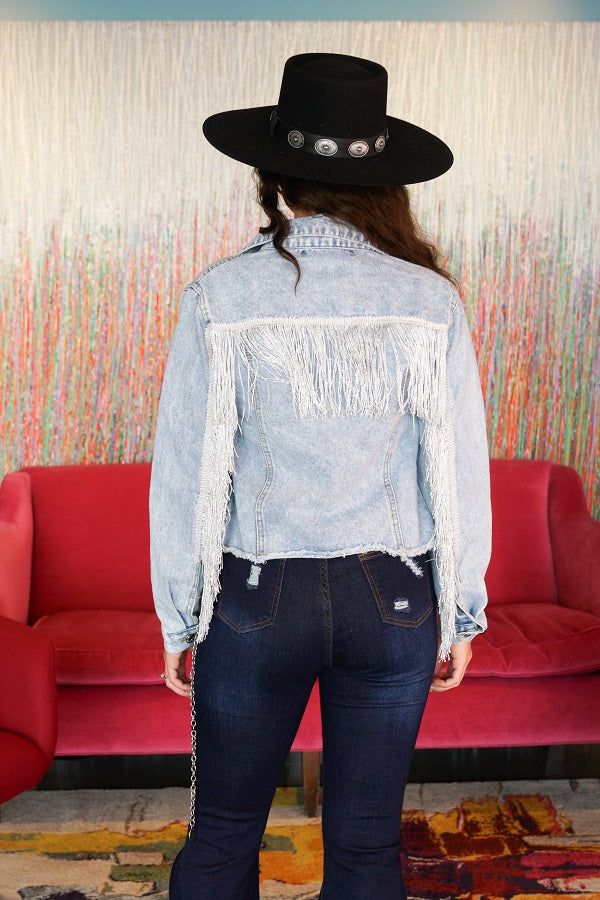 Stone Wash Crop Jacket W All Around Fringe