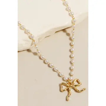 Pearl Chain Ribbon Bow Pendant Necklace