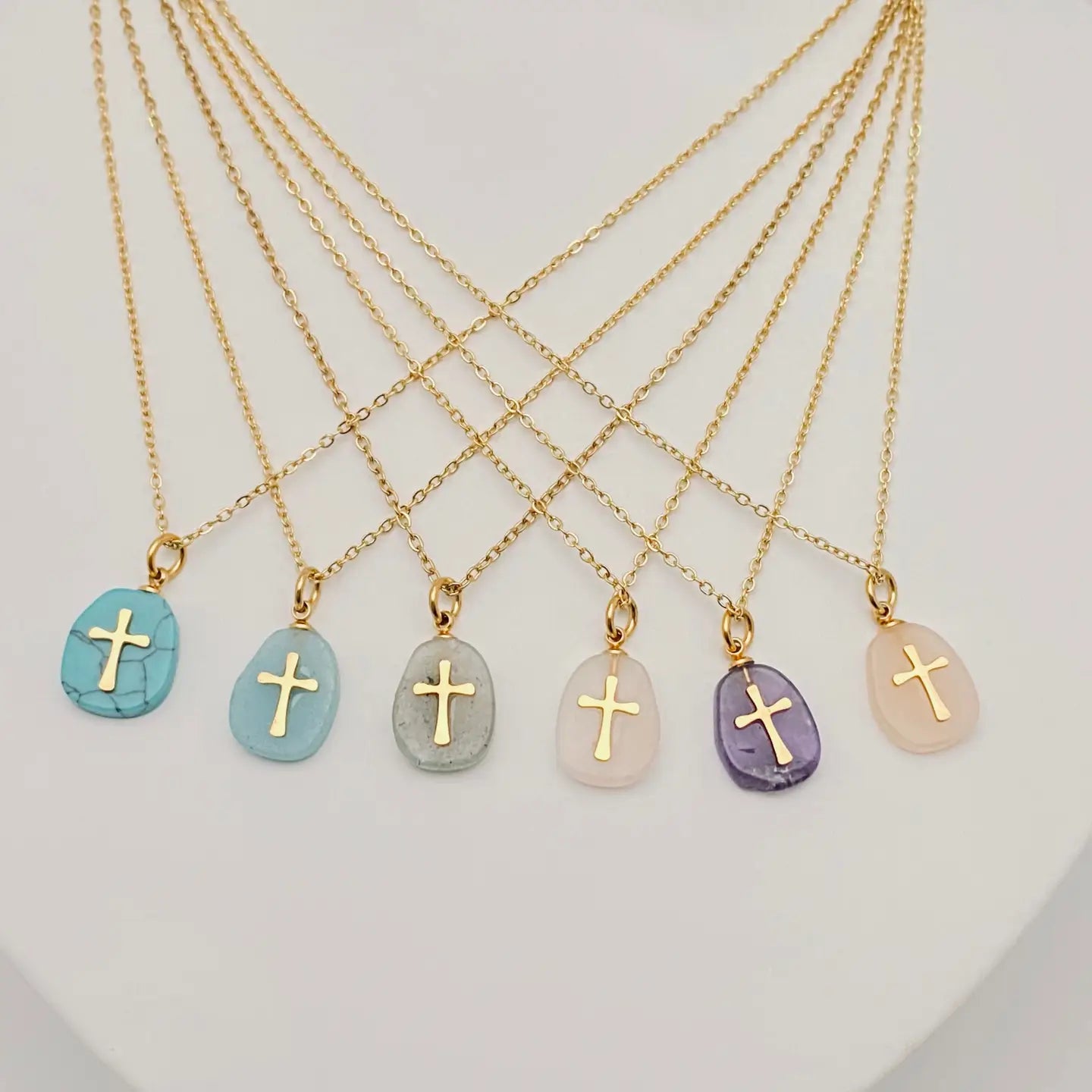 Natural Stone Stainless Steel Cross Pedant Necklace