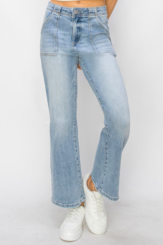 High Rise-Ankle Flare-Patch Pocket Jeans