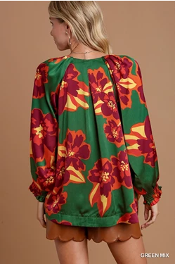 Satin Floral Printed V-Neck Top with Balloon Sleeve and Pleated Detail