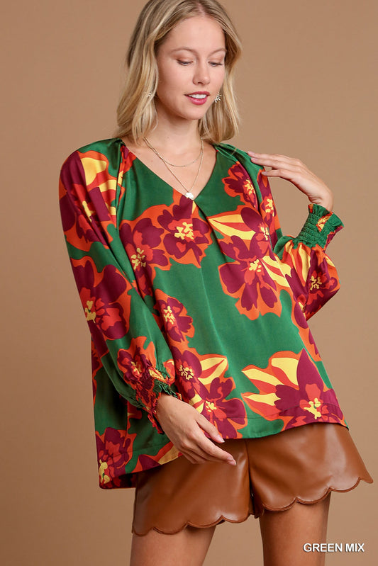 Satin Floral Printed V-Neck Top with Balloon Sleeve and Pleated Detail