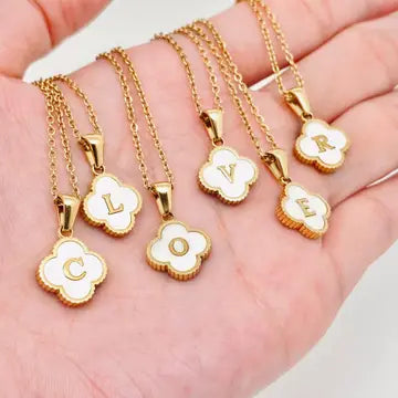 Clover Shell Initial Charm Golden Stainless Steel Necklace