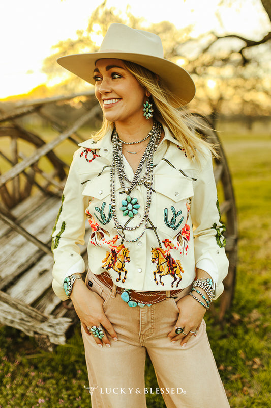 Beige Rodeo Cowgirl Cactus Printed Oversize Crop Shirt