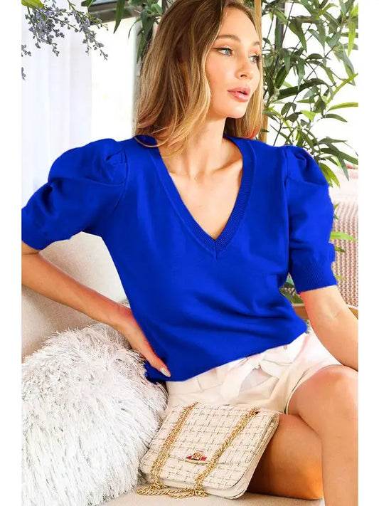 V-Neckline Short Puff Sleeve Knitted Sweater Top