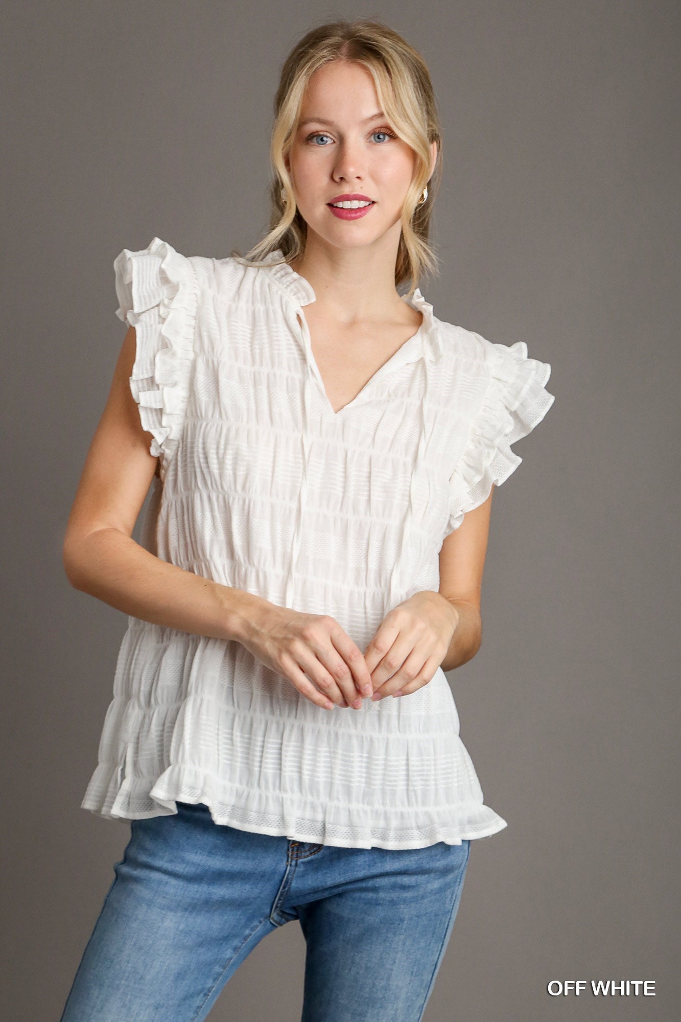 Boxy Cut Texture Fabric V-Neck Flutter Sleeve with Ruffle Neck & Tie