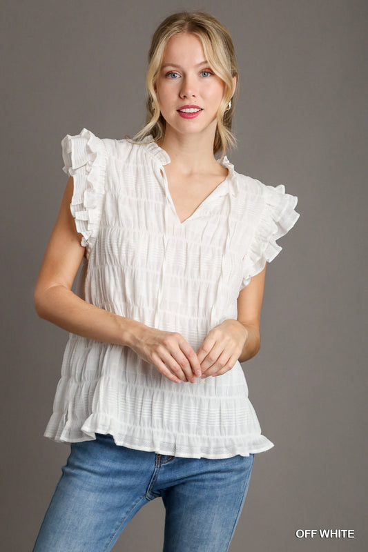 Boxy Cut Texture Fabric V-Neck Flutter Sleeve with Ruffle Neck & Tie