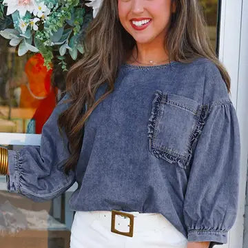Sky Blue 3/4 Sleeve Ruffled Patch Pocket Denim Sleeve