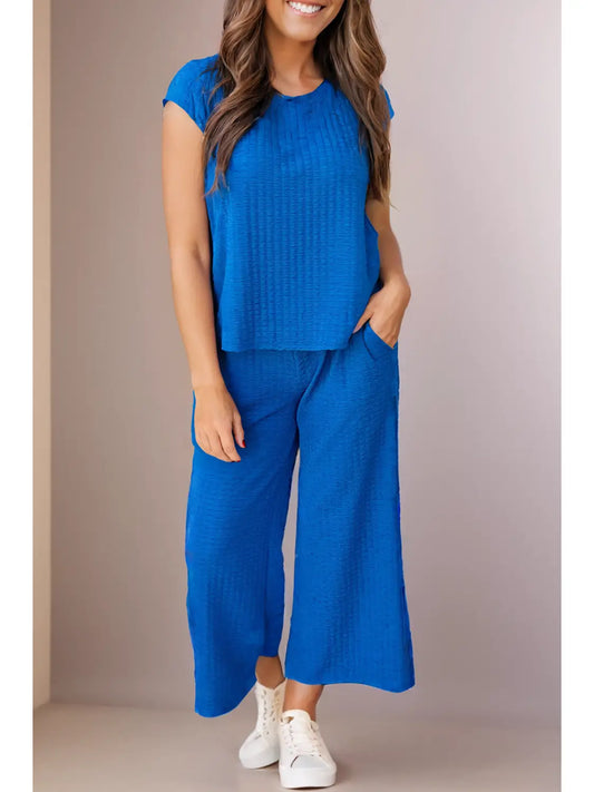 Textured Knit Cap Sleeve T Shirt and Wide Leg Pants Set