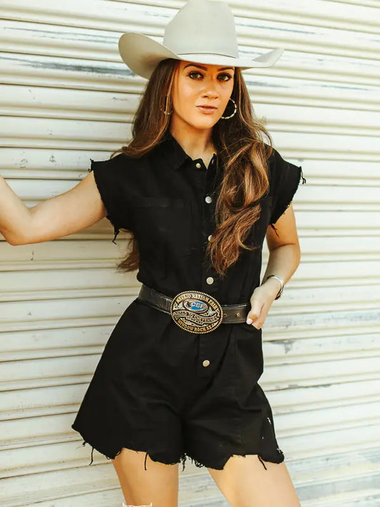 Black Button Down Stretch Denim Short Sleeve Romper
