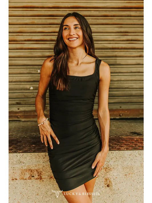Black Satin Stretch ruched Tank Dress