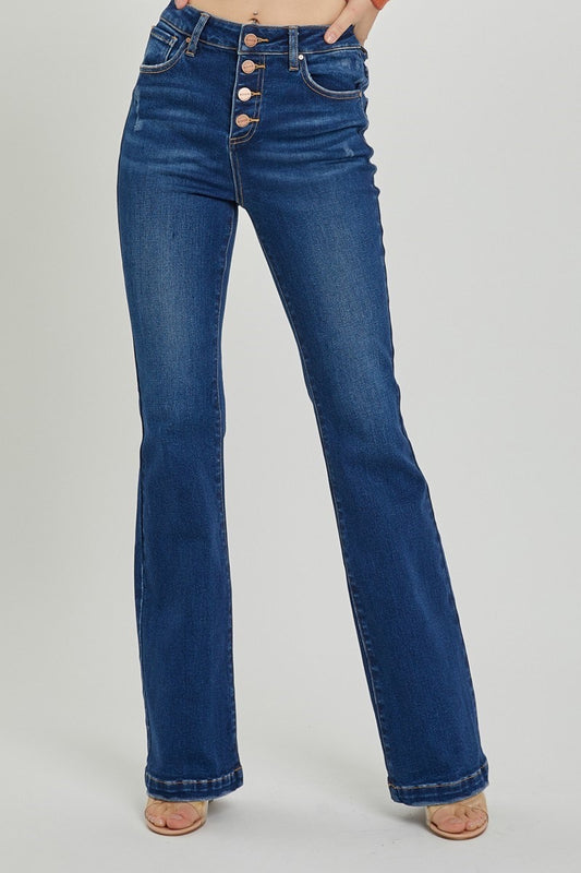 High Rise Button Down Boot Cut Jeans