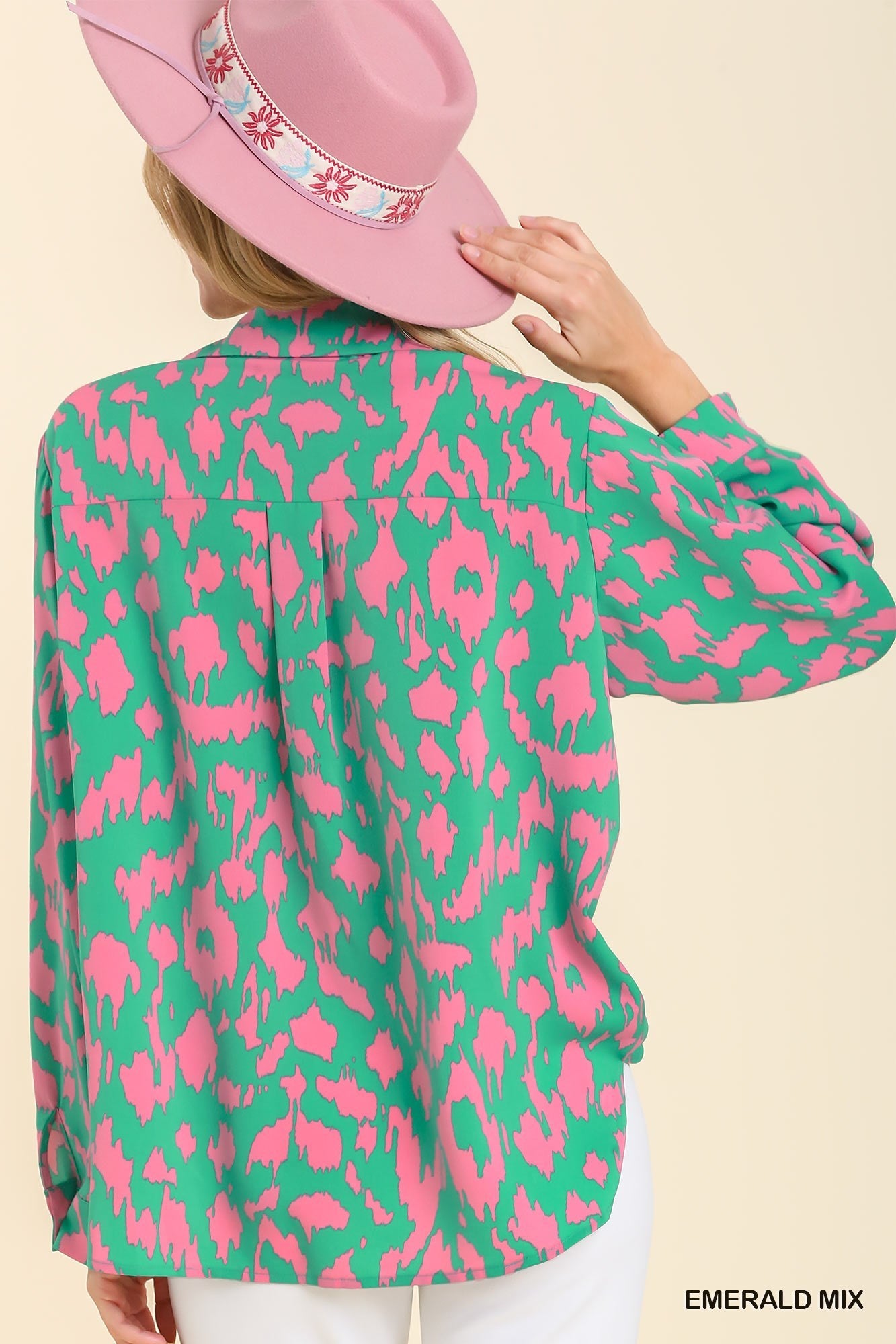 Satin Animal Print Button Down Shirt with Tab & Pocket