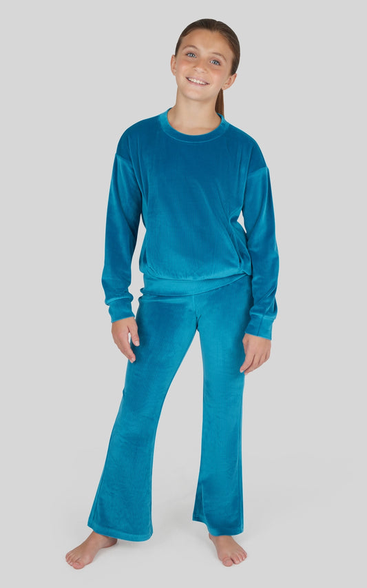 Girls Rib Velour Crew Neck, Flared Pant, Scrunchie-Set