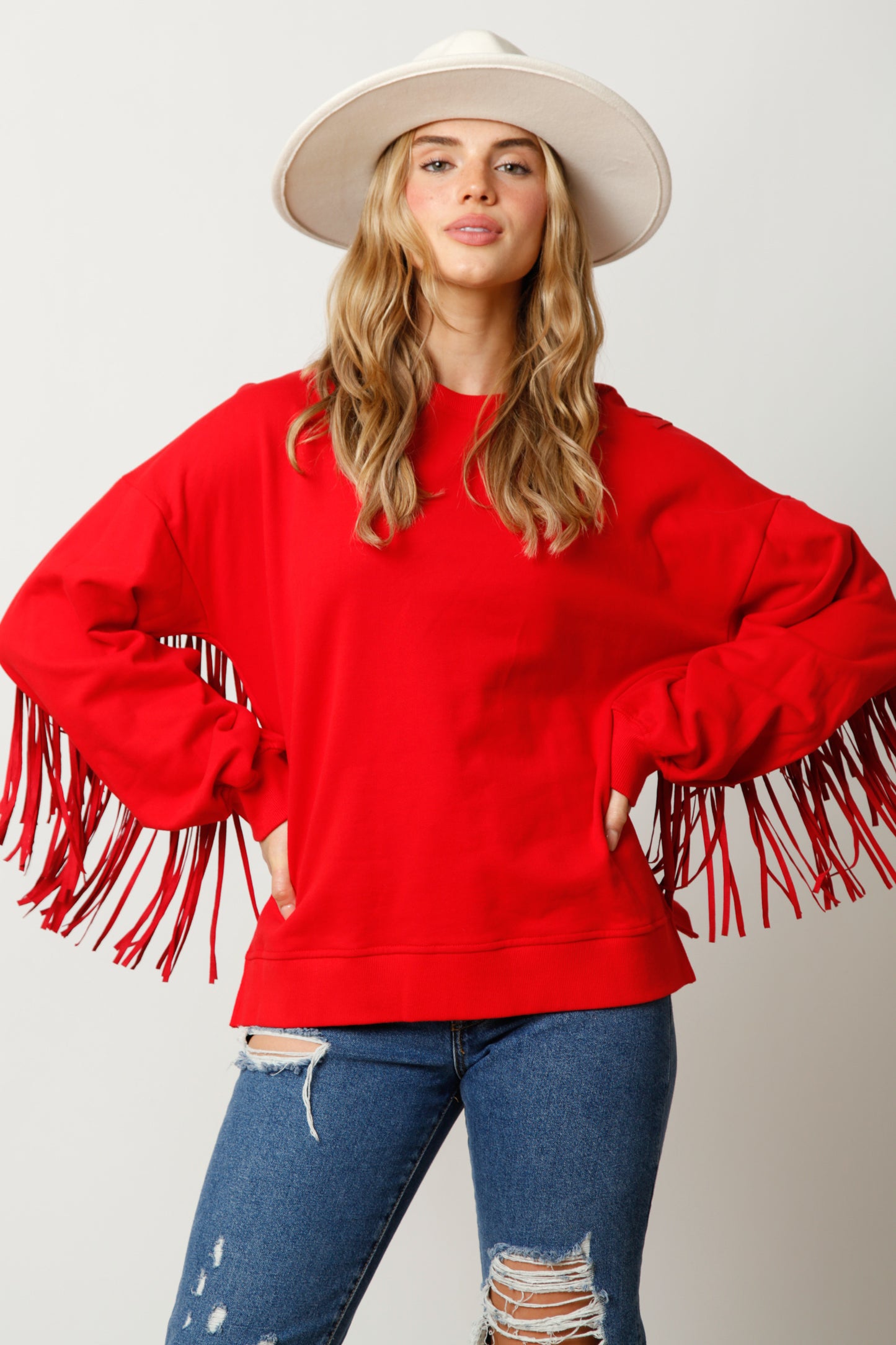 Solid Pullover Sweatshirt with Suede Fringe