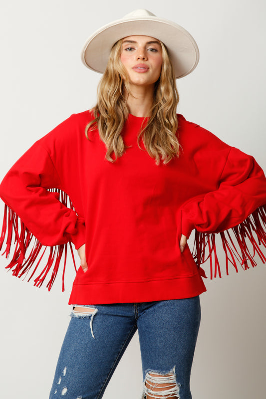 Solid Pullover Sweatshirt with Suede Fringe
