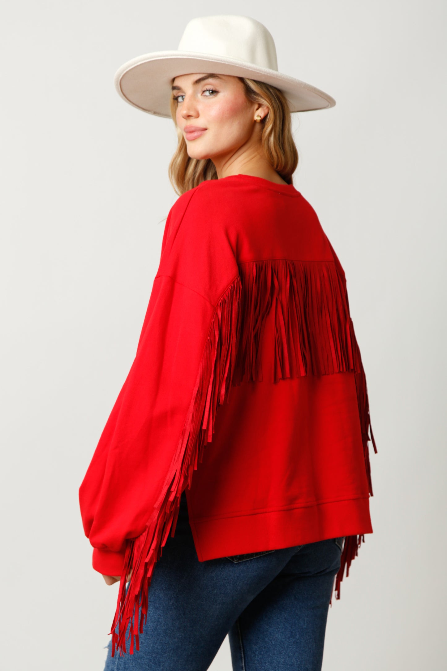 Solid Pullover Sweatshirt with Suede Fringe