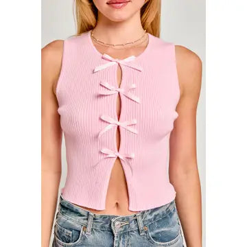 Satin Bow Detail Sleeveless Sweater Top