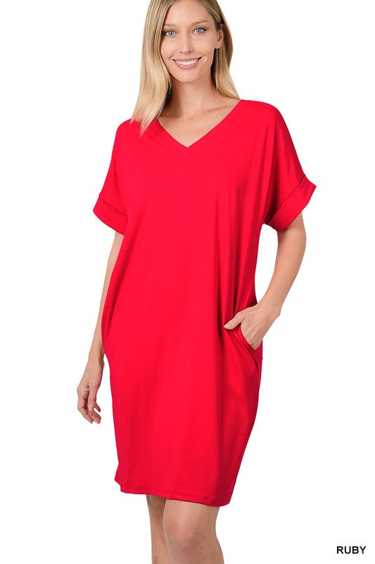 Brushed Dty Rolled Short Sleeve V-Neck Dress