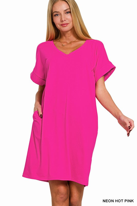 Brushed Dty Rolled Short Sleeve V-Neck Dress