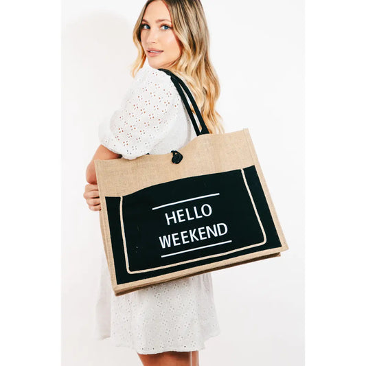Hello Weekend Burlap Tote Bag