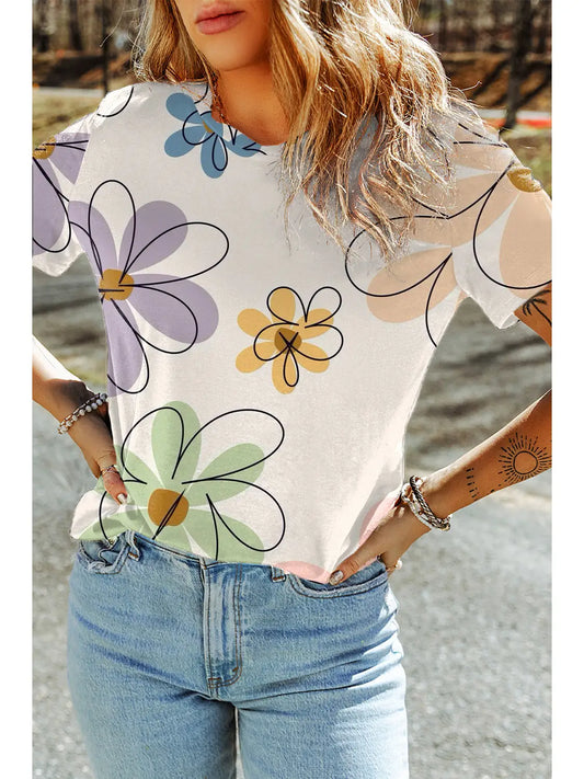 Ldc Summer Flower Print Casual Round Neck T Shirt