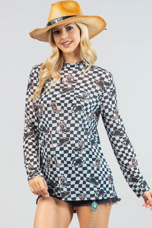 Valarie Western Print Checkers Print Mesh Top