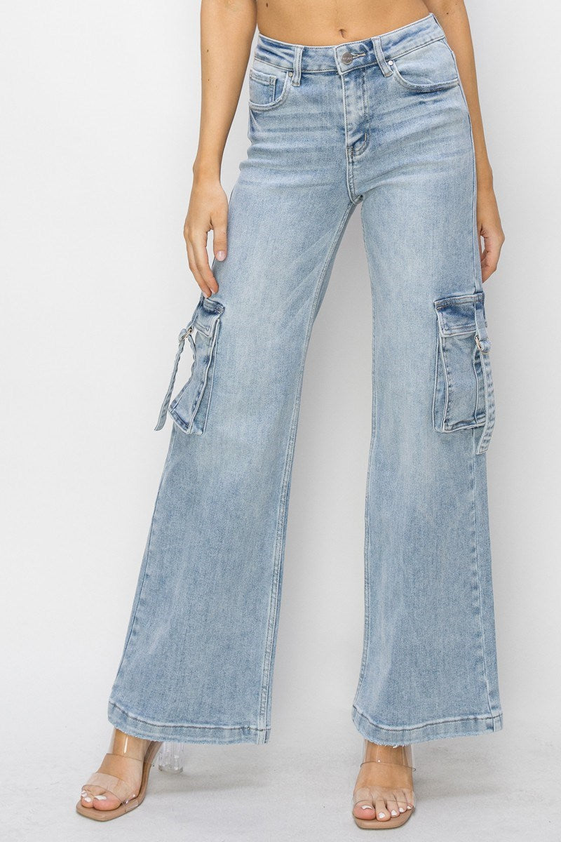 Light Wash Wide Leg Cargo Stretch Jean