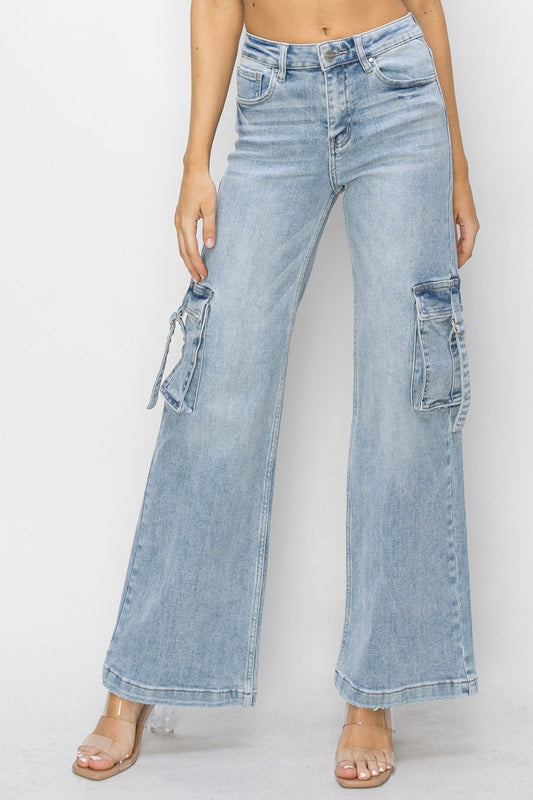 Light Wash Wide Leg Cargo Stretch Jean
