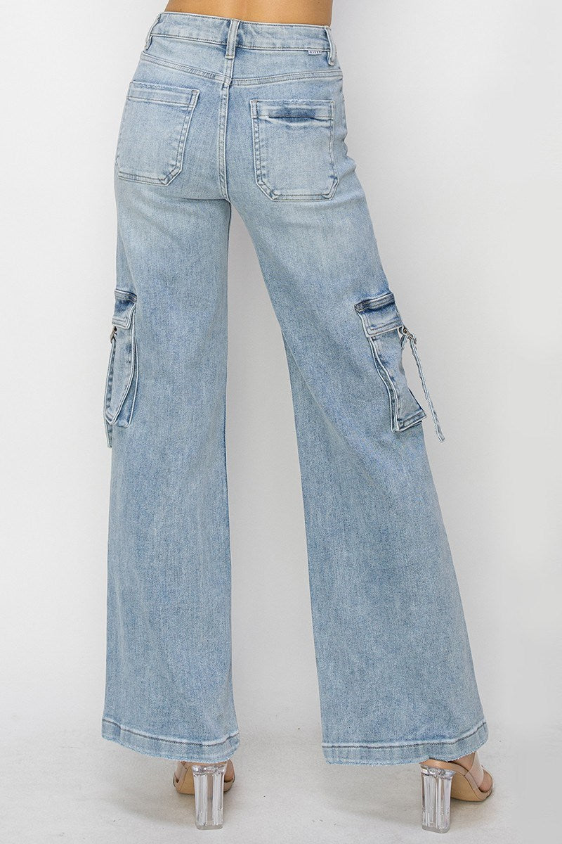 Light Wash Wide Leg Cargo Stretch Jean