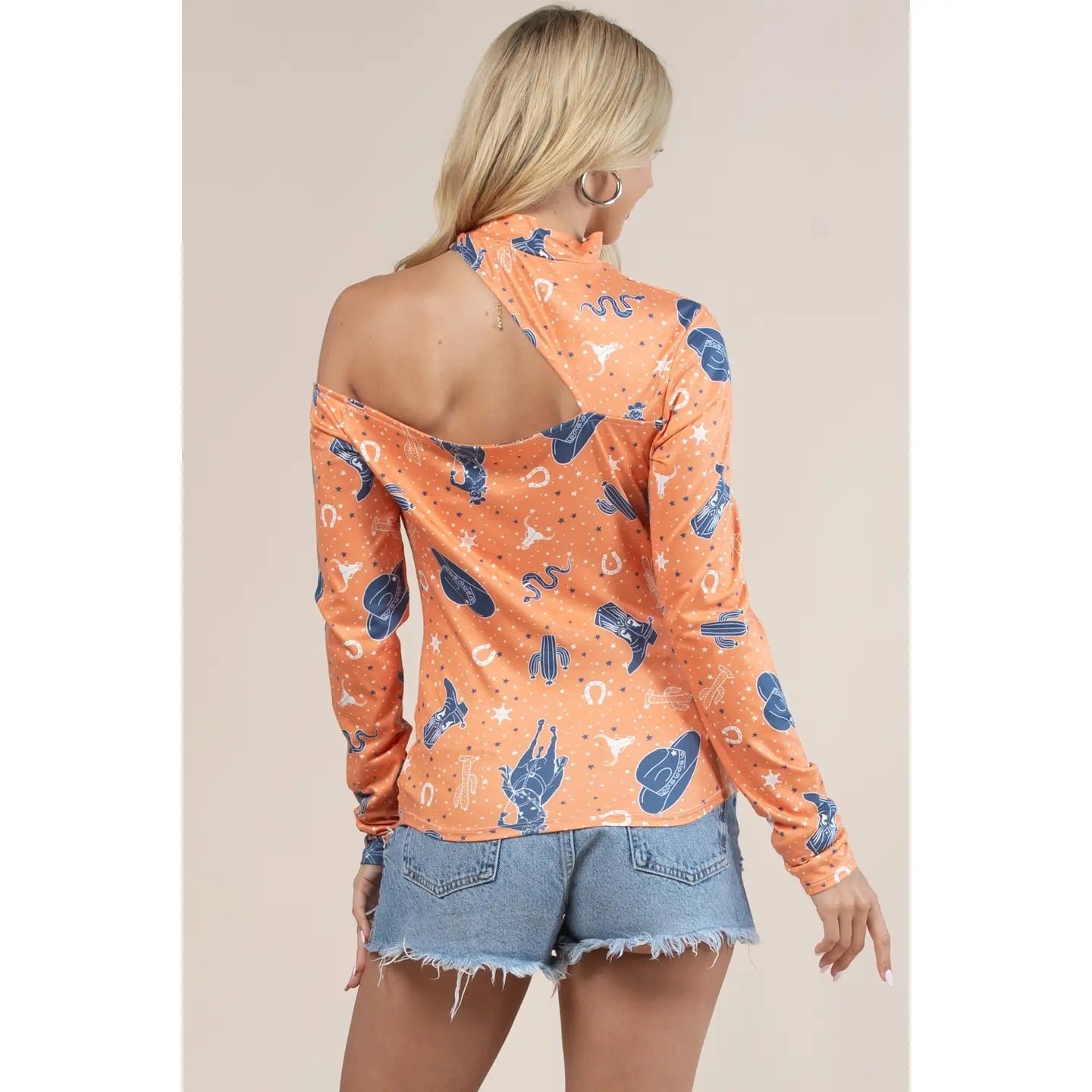 Western Cowboy Print Cut Off Mock Neck Top