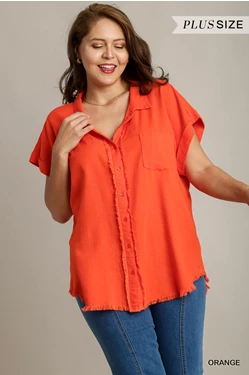 Linen Button Down Frayed Details Top