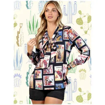 Western Cowboy Stamps Print Ribbon Blouse
