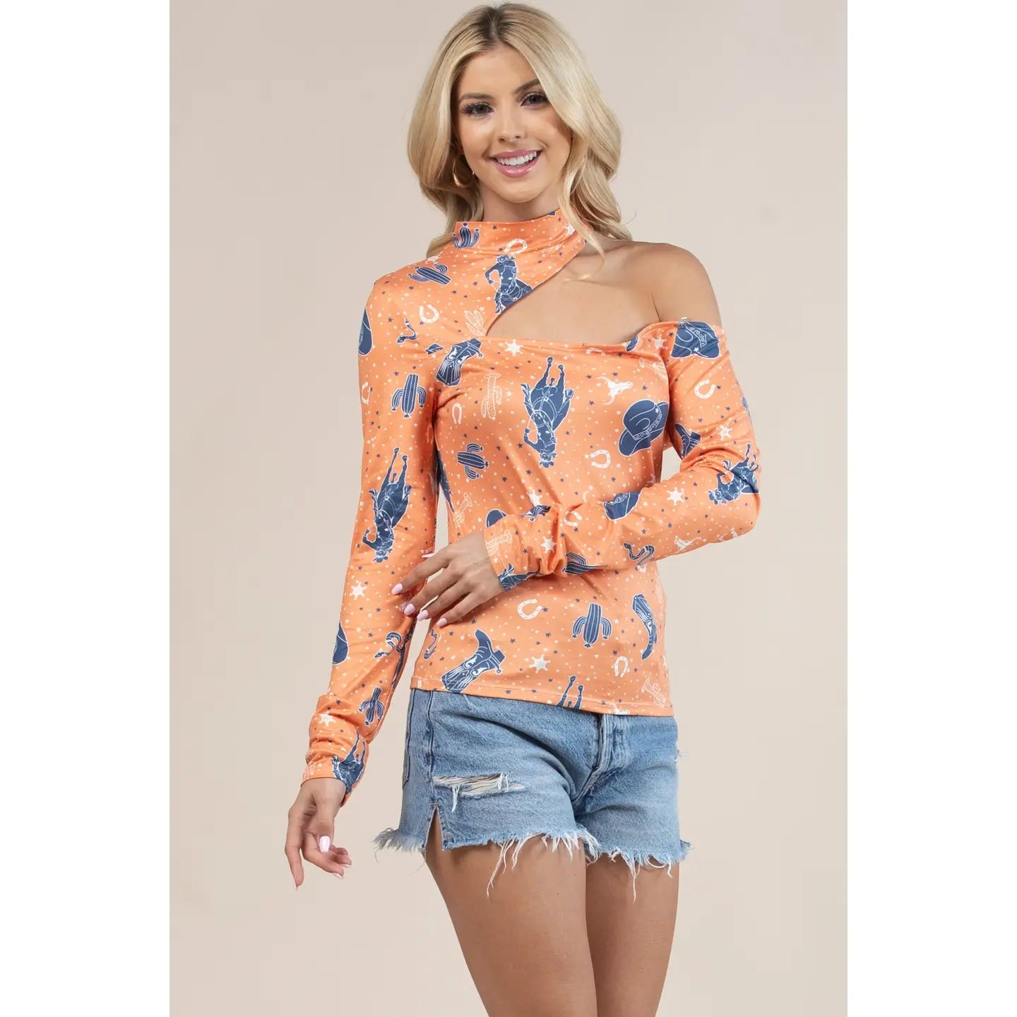 Western Cowboy Print Cut Off Mock Neck Top