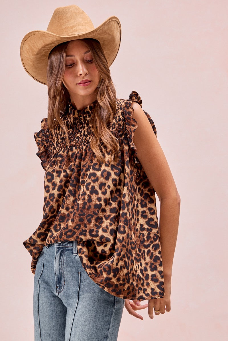 Shirred Yoke Ruffled Armhole Top With Back Keyhole