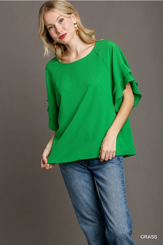 Boxy Cut Wide Neck Blouse with Layered Ruffle Sleeves