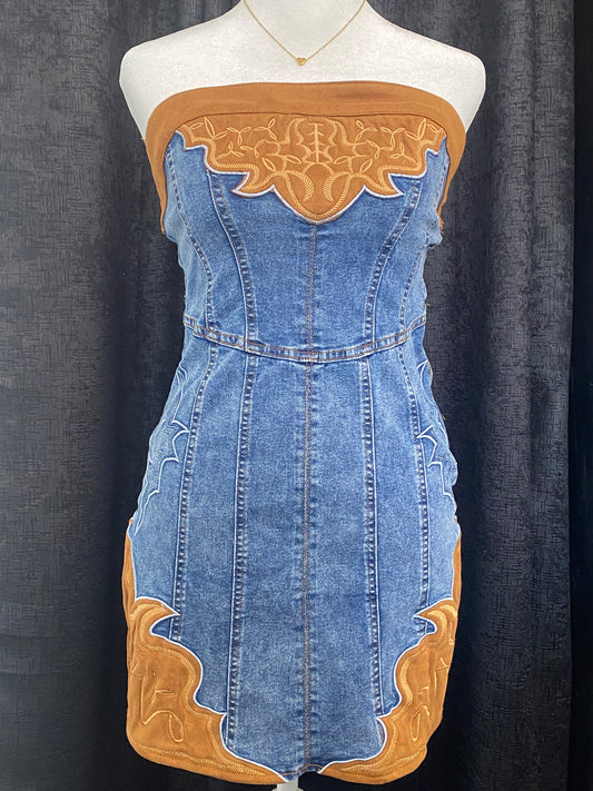 Stone Wash Denim Dress With Camel Suede Boot Stitch Embroidery Patch Detail