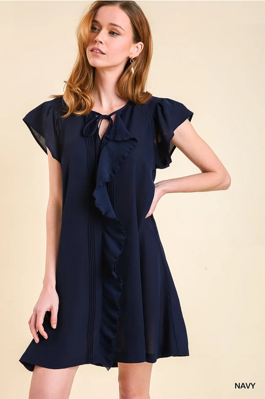 Front Pleated Ruffle Trim Bodice Detail Dress