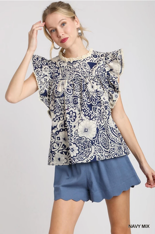 Two Tone Boxy Cut Print Top with Flutter Ruffle Sleeves & Lace Trim Detail