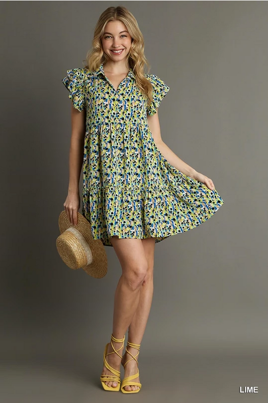 Collared Printed Tiered Short A-Line Dress With Ruffle Sleeves