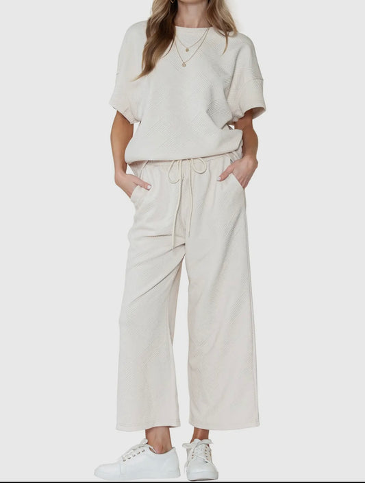 Ribbed Textured Loose Fit T Shirt And Drawstring Pants Set