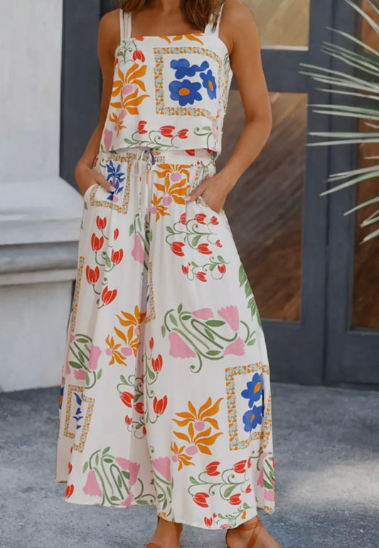 Square Neck Tank and Wide Leg Pants Floral Set