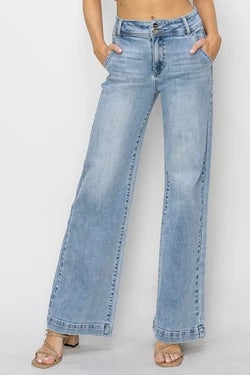 Risen High Rise Double Button Wide Jean