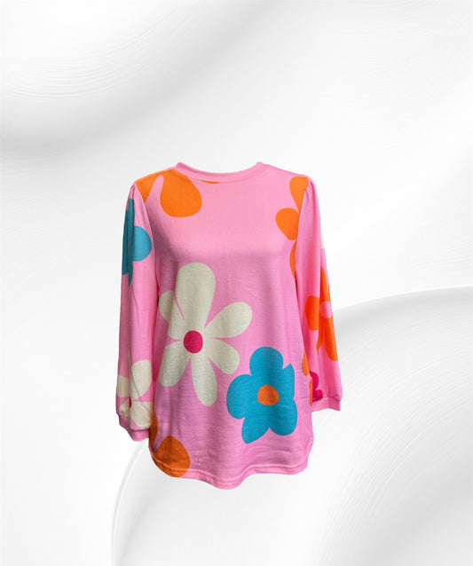 Pink Flower Print 3/4 Sleeve Knit Top